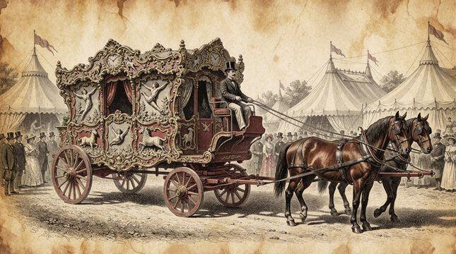 Vintage circus wagon pulled by two horses with driver on top hat enters tented showground. People watch ornate carriage arrive at carnival event. Antique transport, historical entertainment.