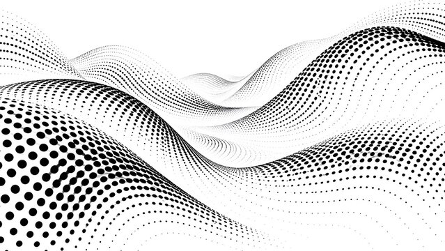 Abstract flowing landscape made of black dots on white background with subtle lighting and depth