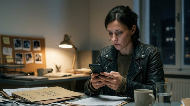 Detective Working Late On A Case At Her Desk