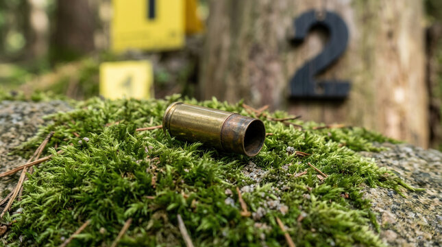 Discarded Ammunition Casing Lies On Forest Floor Near Trail Marker