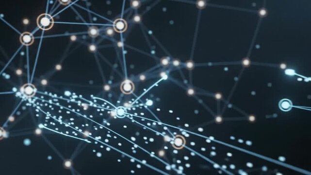 Glowing nodes and lines connecting in a dynamic digital network visualization motion footage showcasing complex data structures moving through space with shimmering lights and abstract geometric patte