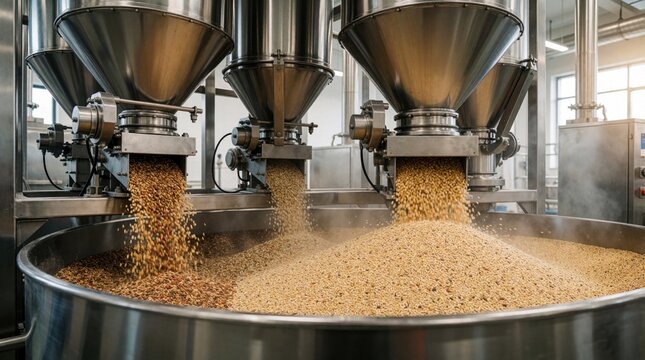 Automated batching scale system weighs food ingredients in modern factory. Large metal hoppers pour grain, seeds into big steel container. Industrial machinery uses precision tech to mix precise food