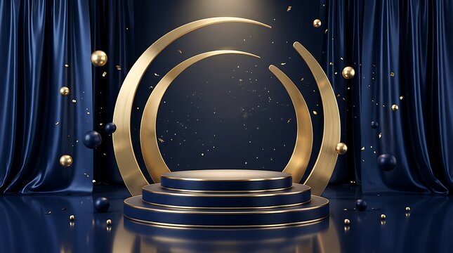 A golden circular pedestal stands against a dark blue draped backdrop with floating spherical decorations platform display stand metallic sphere globe