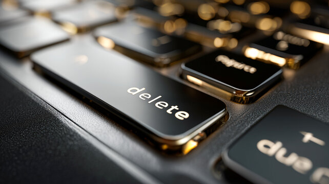 Macro view of a black computer keyboard with a prominent delete key glowing in warm light. Concept of data removal, digital cleaning, error correction, or canceling.