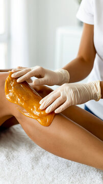 A beautician in protective gloves applying golden sugaring paste onto a woman leg for hair removal procedure. Professional epilation, waxing and skincare concept.