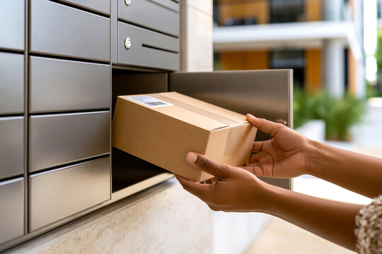 Hands of a person receiving a cardboard parcel box from an open automated post locker station outdoor. Online shopping delivery, contactless courier and shipping concept.