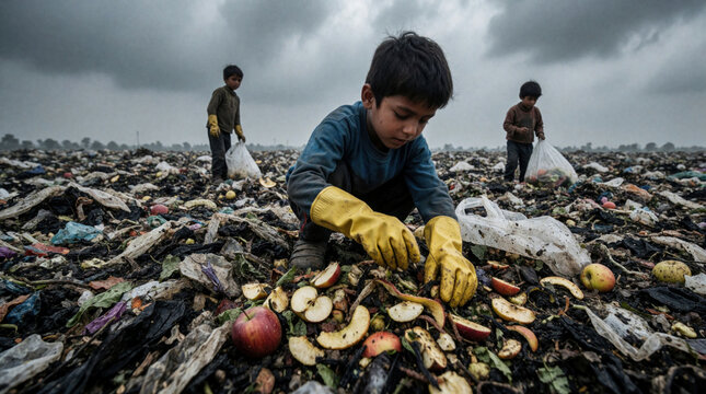 Young boy searches through scattered food waste at a massive outdoor trash dump site. Children gather recyclables for survival amid piles of refuse and garbage.