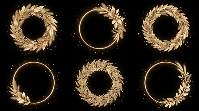 Golden laurel wreaths and circular frames are arranged against a dark background creating a decorative collection wreath foliage leaves floral ornament