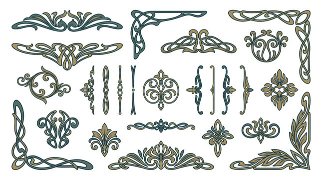 Elegant vintage art nouveau ornamental set featuring detailed floral scrollwork frames and decorative border flourish elements