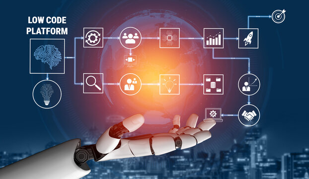 Futuristic Representation of Low Code Platform Technology with Robotic Hand and Data Visualization Elements on Urban Background Quark.