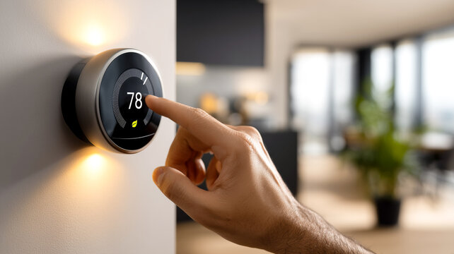 Close up of hand adjusting round smart thermostat displaying temperature on living room wall. Central climate control, home climate automation and energy saving concept.