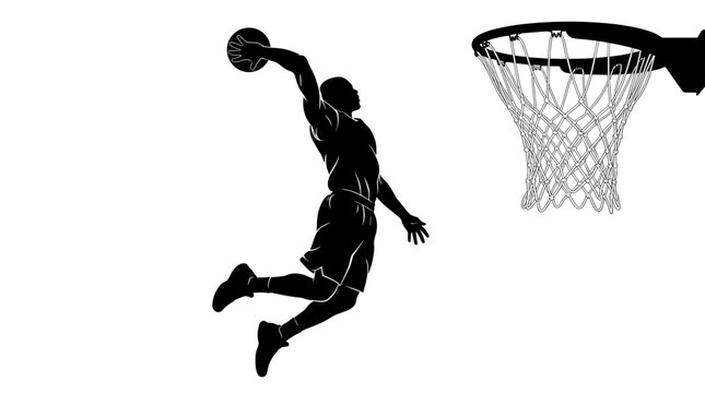 Silhouette of a basketball player dunking the ball into the hoop