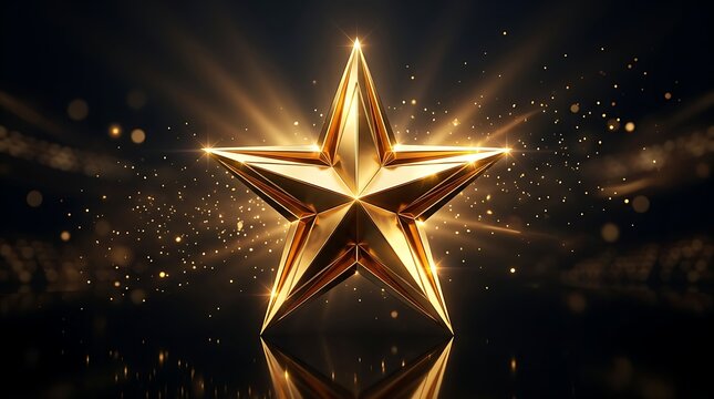A gleaming golden star reflects on a dark surface illuminated by radiant light and bokeh effects metallic luster radiance reflection illumination