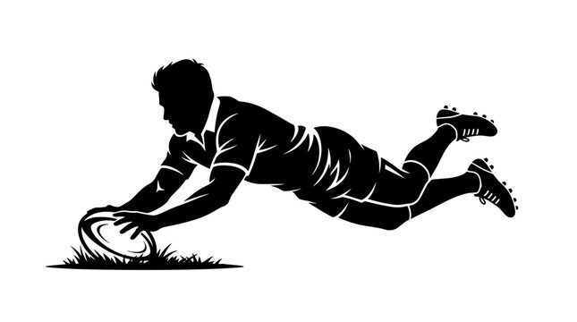 Rugby player diving to score a try in a silhouette style illustration