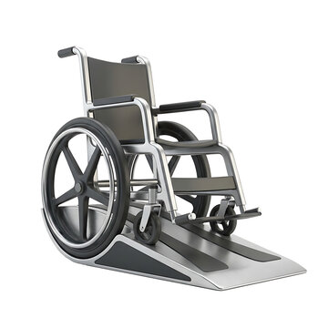 Modern metal wheelchair on a handicap ramp with accessibility ramp