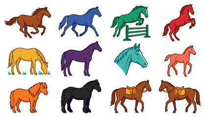 Obraz premium Horses Set in Various Colors and Poses, Including Headshots and Saddled Figures