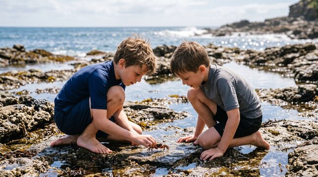Two young boys exploring tide pools on a rocky shore during a sunny vacation day discovering a small crab