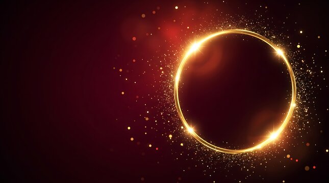 A golden circular frame with sparkling particles is presented against a deep maroon background circle glitter sparkle illumination radiance luster shine