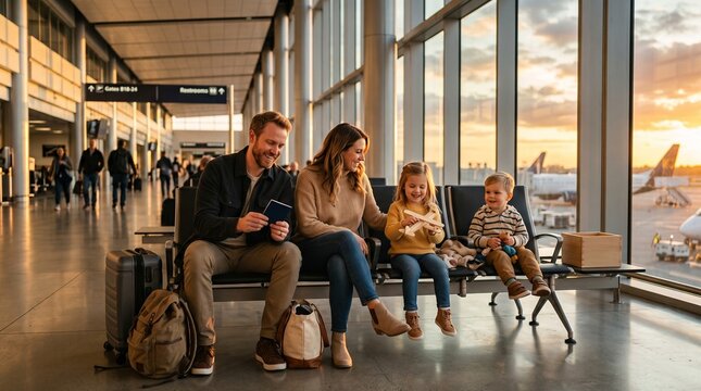 Happy family with young children waiting at airport gate for vacation flight at sunset