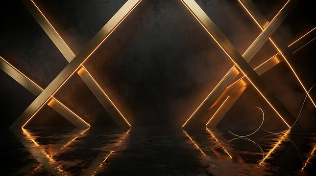 Golden geometric lines create an abstract architectural scene with a dark reflective floor and atmospheric lighting architecture darkness angles shapes construction