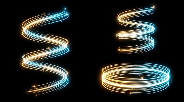 Glowing helical curves in shades of cyan and gold are displayed against a dark background spiral luminescence radiance glow golden azure