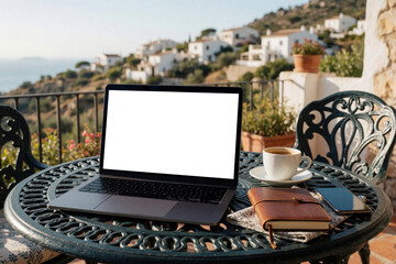 Obraz premium Open laptop with blank screen on outdoor table near sea. Coffee cup notebook and phone suggest remote work or vacation break. Serene backdrop houses hillside.