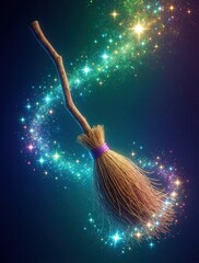 Fototapeta premium Magical wooden broomstick floats in dark space with glowing stardust trail. Sparkling stars, colorful light particles swirl around mystical witch broom. Fantasy object shines with vibrant blue,