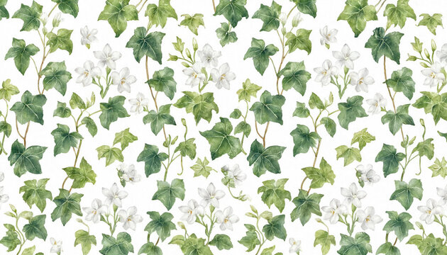 Watercolor seamless pattern featuring green ivy leaves and white flowers on a white background