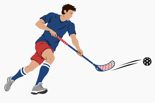 Floorball player making forward pass. Dynamic indoor hockey action. Colorful sports illustration