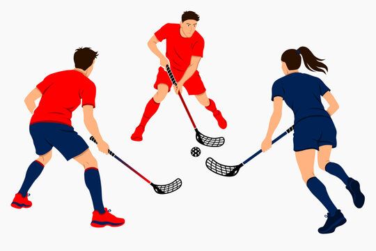 Floorball passing drill. Three players in triangular formation. Teamwork and ball control. Colorful flat illustration