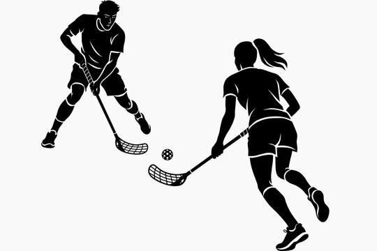Floorball match action. Players competing for ball. Dynamic indoor hockey sports scene