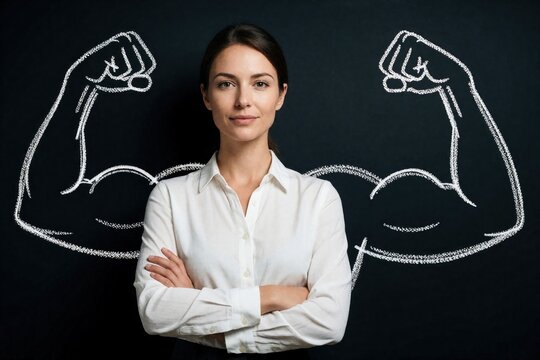 Woman stands arms crossed before chalkboard drawing of flexed bicpic symbolizing inner strength and confidence. She embodies determination and professional power in business setting.