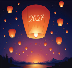 2027 New Year sky lanterns glowing in the night sky with mountains and river landscape vector illustration © MDNAHID
