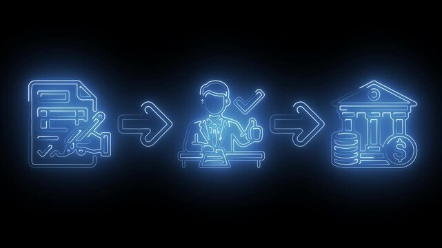 Neon Blue Financial Contract Approval Banker Verification and Banking Transaction Motion Graphic