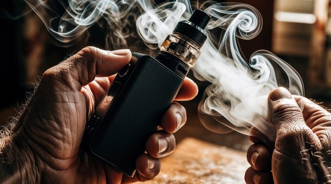 Close up of male hands holding black electronic vape mod. Thick white smoke clouds rise from atomizer. Man uses e-cigarette device indoors with warm lighting. Person enjoys vaping habit testing new