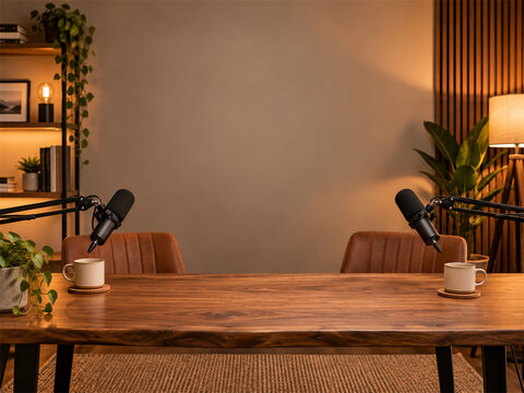 Warm empty podcast studio with wooden table two microphones mugs plants shelves practical lamps and soft amber lighting creating an inviting modern background for interviews and recording