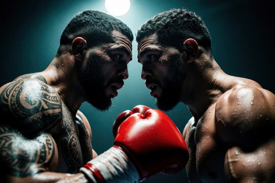 Two muscular boxers face off intensely in dark ring, sweat glistening under spotlight. One wears red gloves, ready to strike, their focused gazes meeting before combat begins. Atmosphere is tense.