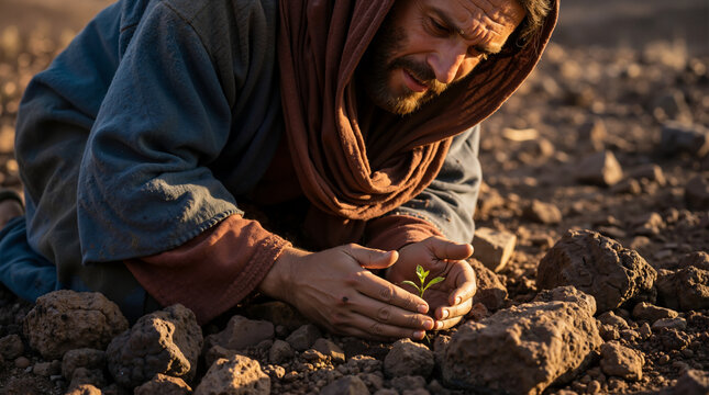 Biblical man kneeling on rocky soil and protecting a small green sprout. Parable of the sower and faith concept. Man sheltering fragile seedling in arid desert
