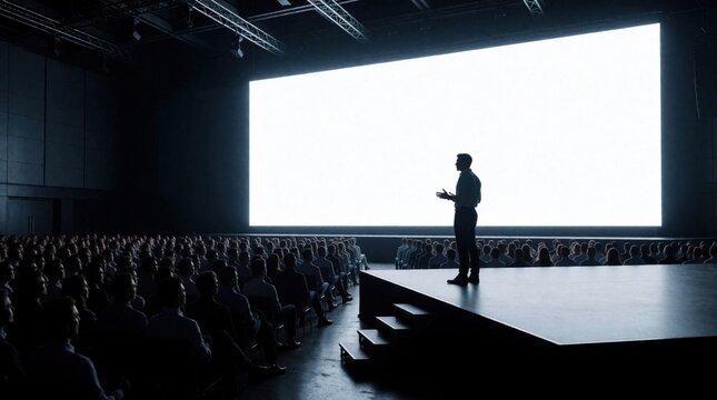 Male keynote speaker stands on stage in dark auditorium. Silhouette of presenter talks to large audience in front of giant glowing blank screen. Businessman delivers presentation lecture at corporate