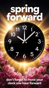 Spring forward clock reminder with pink cherry blossoms. Black analog watch shows time change against bright sunrise background with golden sun rays. Text announcement reminds people move clock one