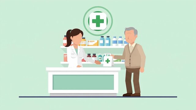 Pharmacy Healthcare Flat Vector Animation, Faceless Pharmacist Handing Medicine Bag to Senior Customer at Counter with Green Cross Sign, Medical Service Concept Explainer Motion Graphics