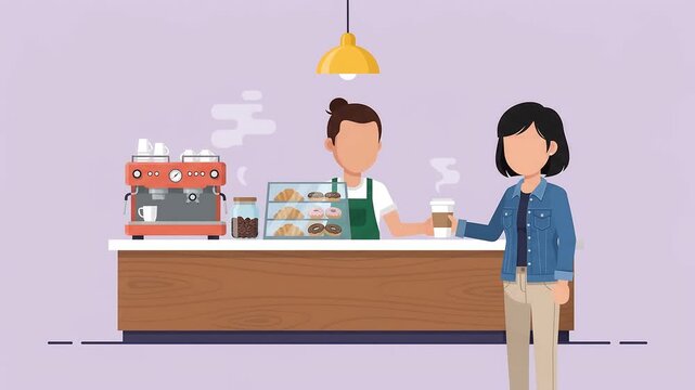 Coffee Shop Barista Flat Vector Animation, Faceless Barista Serving Takeaway Coffee Cup to Customer at Counter with Espresso Machine and Pastries, Cafe Small Business Concept Motion Graphics