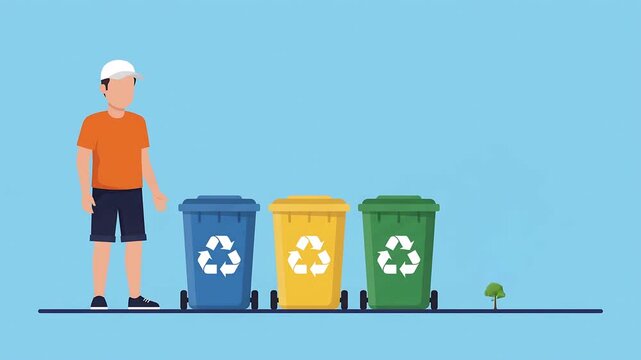 Recycling Eco Friendly Flat Vector Animation, Faceless Man Sorting Plastic Paper and Glass into Colorful Recycle Bins, Sustainability and Environment Concept, Growing Tree Motion Graphics