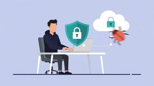 Cyber Security Data Protection Flat Vector Animation, Faceless Man at Laptop with Shield Padlock Blocking Bug Attack, Cloud Network Safety Concept, Explainer Motion Graphics Loop