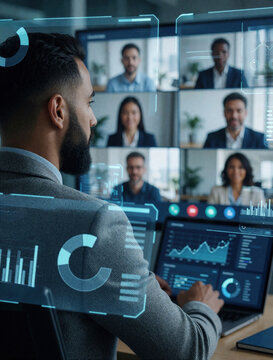 Businessman joins virtual meeting via video conference on laptop. Diverse team participates in online teleconference with digital data HUD interface. Remote worker manages global business