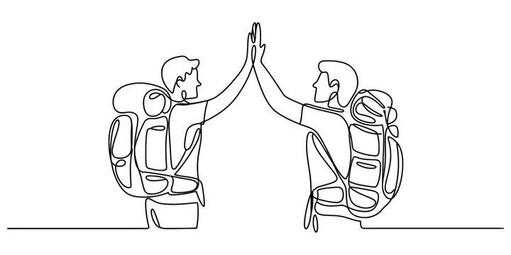 Continuous one line drawing of two backpacker friends giving a high five Vector, illustration