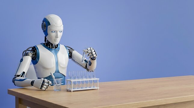Humanoid robot in lab coat holding test tube and pipette with beakers and test tubes on wooden table