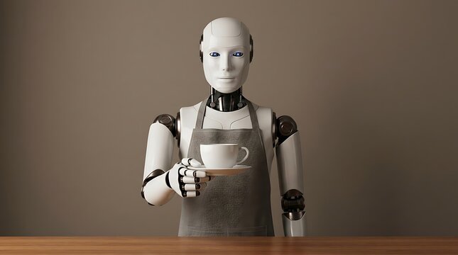 Humanoid robot wearing an apron holding a cup of coffee on a saucer android artificial intelligence