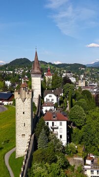 Aerial view of the medieval Museggmauer in Lucerne, Switzerland