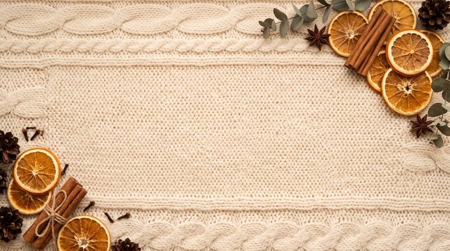 Cozy Christmas background with dried oranges cinnamon sticks pine cones and eucalyptus on a knitted texture